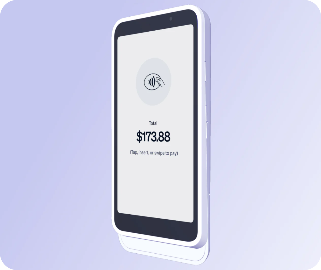 GlossGenius Pro Reader displaying a total charge of $173.88 with contactless payment icon.