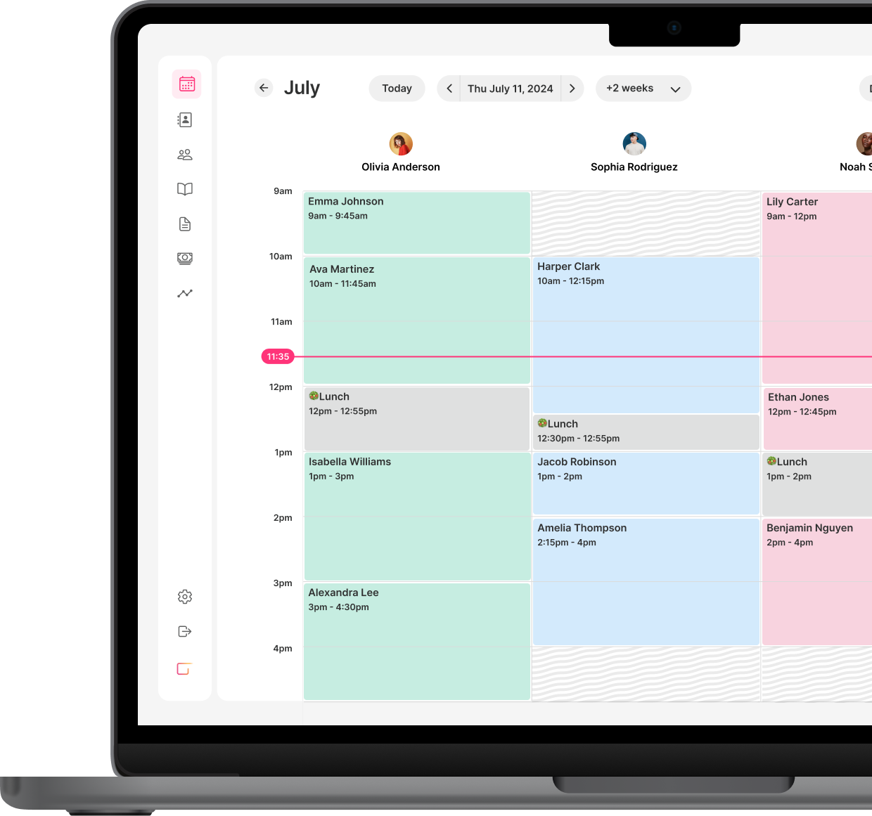 A laptop displaying GlossGenius's calendar interface with scheduled client appointments for each employee.