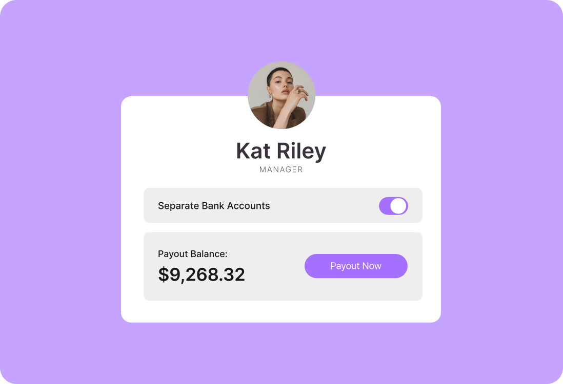 GlossGenius's interface showing a manager's payout balance and a 'payout now' button.