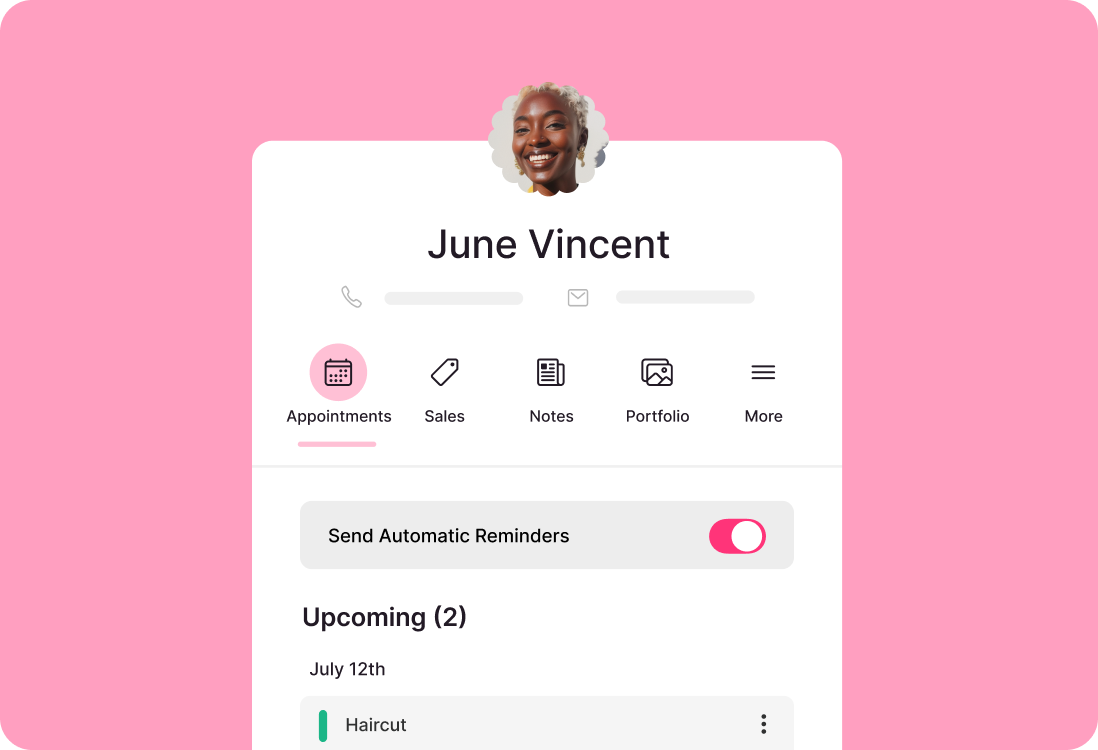 A client profile in a salon booking app with information about upcoming appointments.