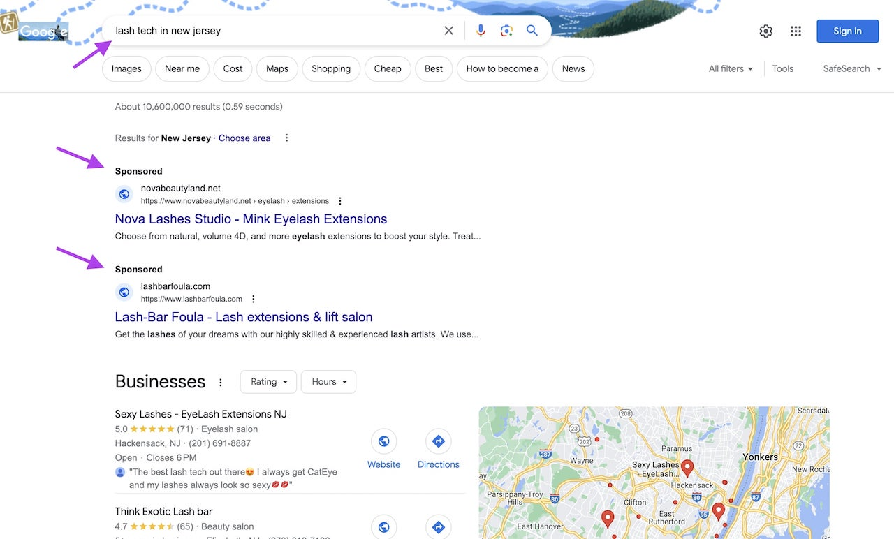 Google ads example for lash techs