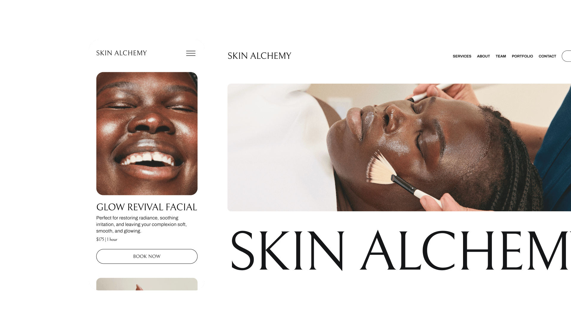 Mobile and desktop views of a GlossGenius-created esthetician booking site for Skin Alchemy displaying their services page and homepage.